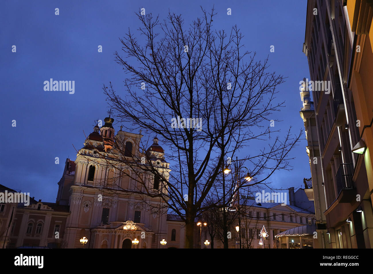 Schöne barocke Kirche des hl. Kasimir in Vilnius, Litauen an der blauen Stunde. Historische Gebäude, City Lights, Baum., Abend, Dämmerung. Stockfoto