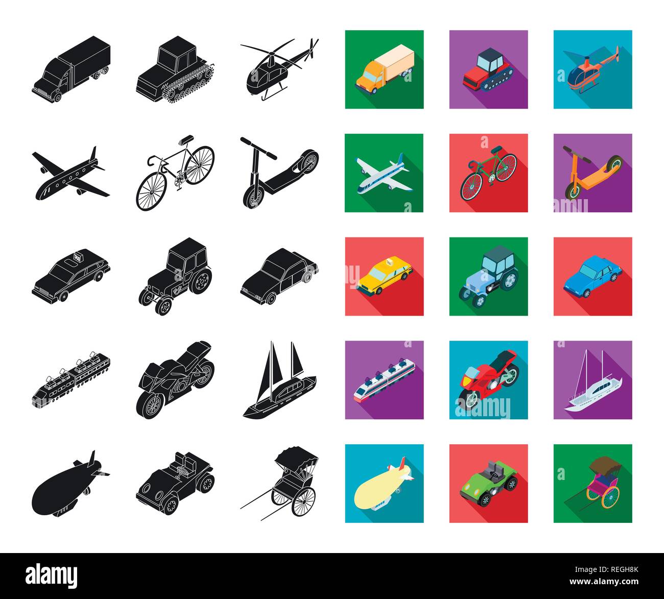 Luft, Flugzeug, Luftschiff, Kunst, Fahrrad, schwarz, flach, Bus, Auto, Warenkorb, Sammlung, Design, verschiedene, Golf, Hubschrauber, Icon, Illustration, isoliert, kubisch, Logo, Motorrad, Bewegung, Rikscha, Straße, Scooter, Meer, Satz, Zeichen, Symbol, Taxi, Technik, verfolgt, Traktor, Bahn, Verkehr, Transport, LKW, Typ, Vektor-, Fahrzeug-, Web-, Yacht Vektor Vektoren, Stock Vektor