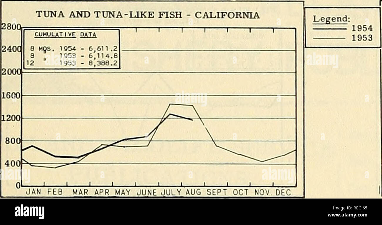 . Die kommerzielle Fischerei. Fischerei Fischhandel. Oktober 1954 die kommerzielle Fischerei ÜBERPRÜFUNG 89 Grafik 6 - KONSERVEN PACKUNGEN mit ausgewählten F/SHERV PRODUKTE in Thoasands der Standardfälle. mackerelI/Kalifornien CUMUUT 8"°^' l^' VE DATEN 1: Sli 320 240 160 80 J}.^^^^^^^ ^ FEB MAR APR MAI JUNI JULI AUG SEPT OKT HOV DEZ SARDELLEN - Kalifornien. Bitte beachten Sie, dass diese Bilder sind von der gescannten Seite Bilder, die digital für die Lesbarkeit verbessert haben mögen - Färbung und Aussehen dieser Abbildungen können nicht perfekt dem Original ähneln. extrahiert. In den Vereinigten Staaten. National Marine Fischerei Stockfoto