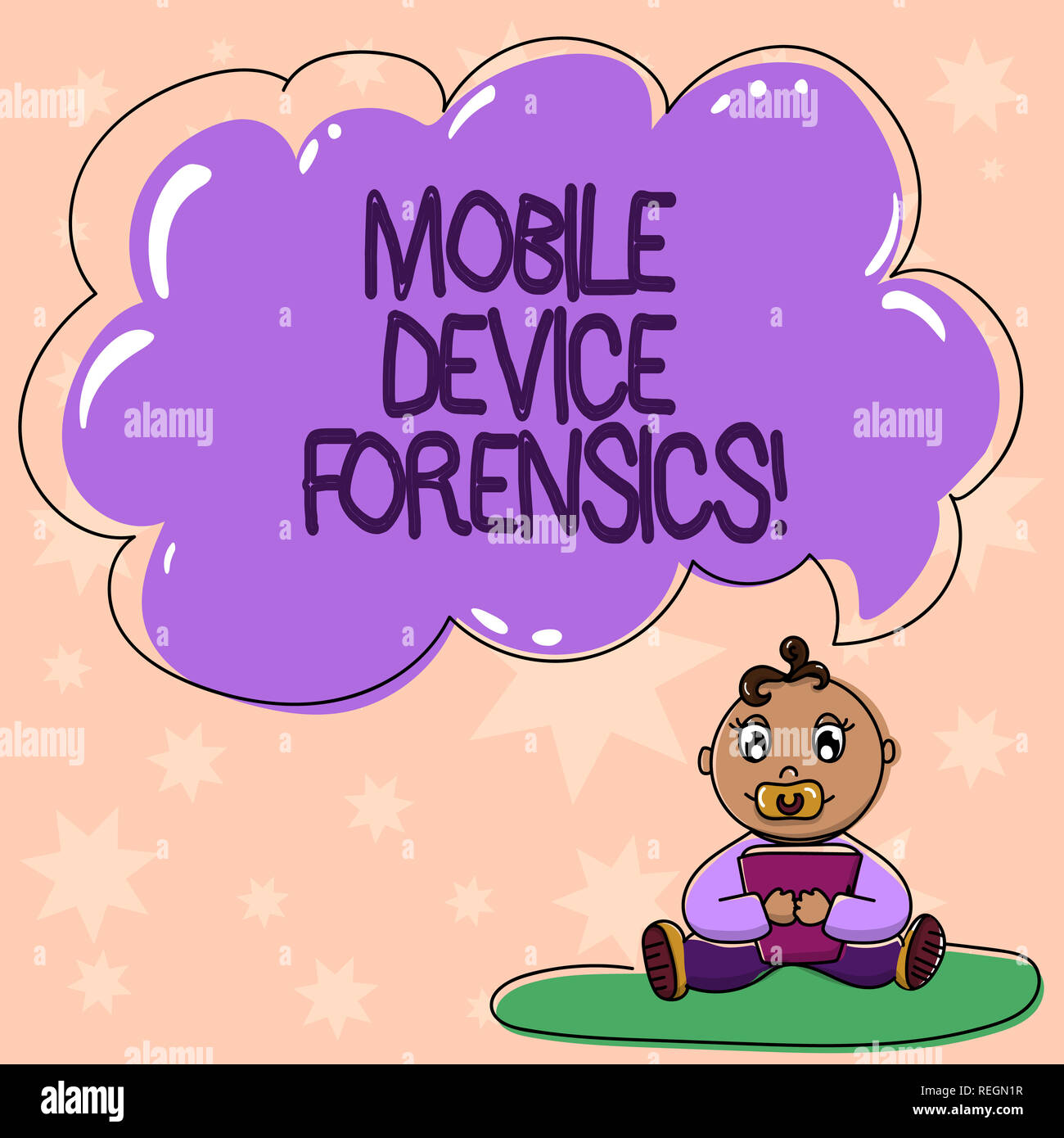 Wort schreiben Text Mobile Device Forensics. Business Konzept für elektronische Datenerfassung für rechtliche Nachweis verwenden, Babysitting auf Teppich mit Schnuller Boo Stockfoto