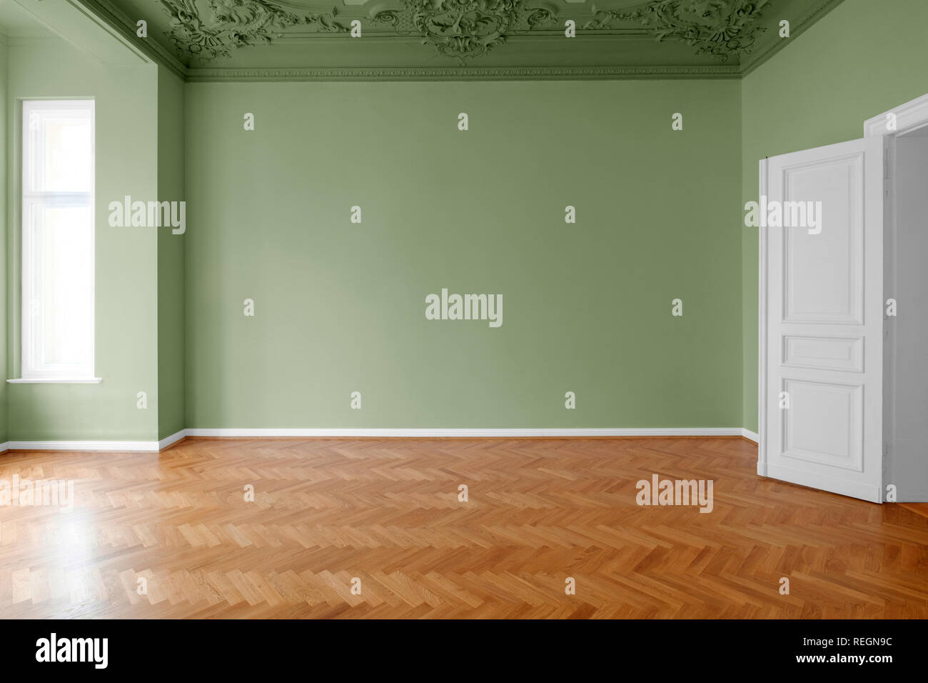 Leeren Raum mit grün gestrichenen Wänden, Home Renovierung Konzept Stockfoto