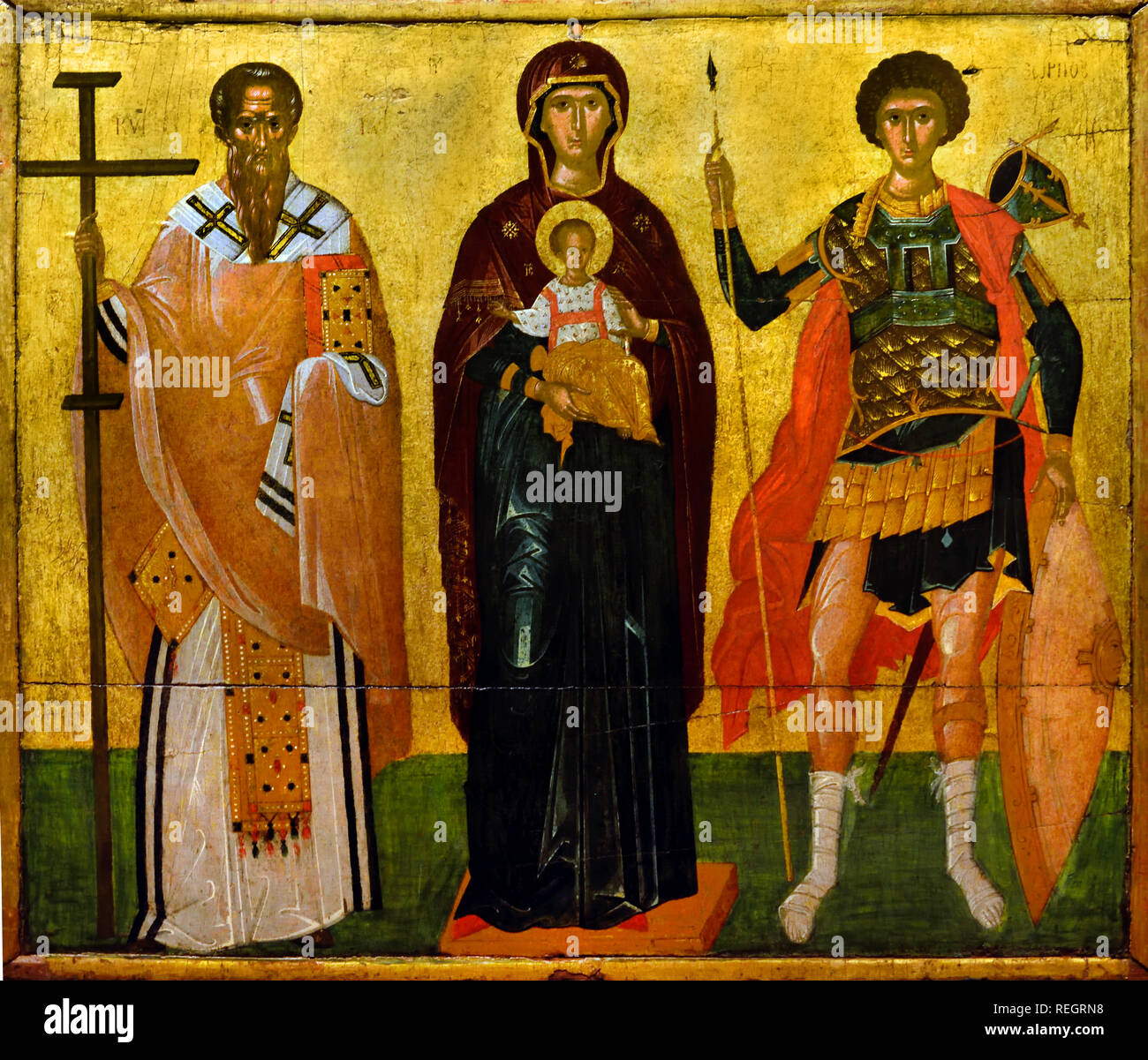 Die Jungfrau und das Kind zwischen Cyriaque von Jerusalem und des hl. Georg aus dem 15. Jahrhundert. Kreta Griechische Griechenland. Stockfoto