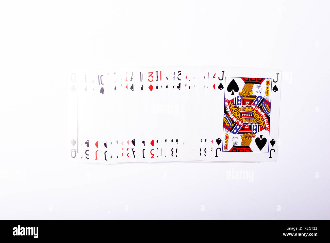 Ein Set von Karten bis auf weißem Hintergrund gesäumt, Jack auf der Oberseite Stockfoto