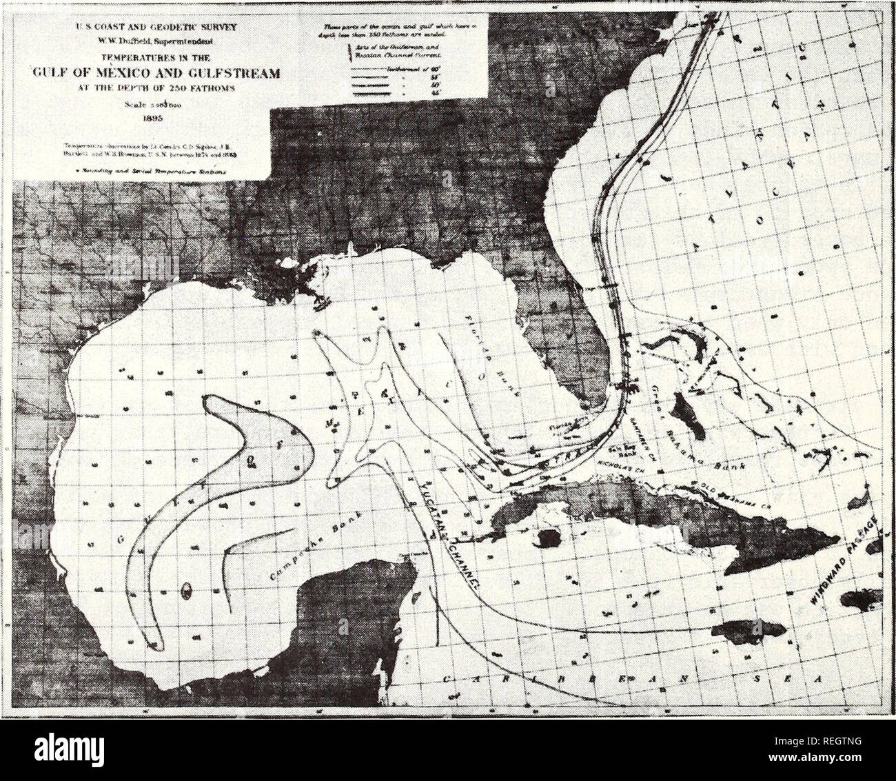 . Gesammelte reprints/Atlantic ozeanographische und meteorologische Laboratorien [und] Pacific ozeanographische Laboratories. Ozeanographie Zeitschriften.. thermische Feld; ebenso den Golfstrom, als Region der Großen horizontalen Temperaturgradienten gesehen, dann fließt östlich und nördlich durch die Straße von Florida. In einer Analyse dieser Daten, Sweitzer, 1898, berichtet, dass der Verkehr war eine Verbreitung dieser Zufluss, die in eine Antizyklonale Zirkulation um den gesamten Golf Becken geführt. Parr, 1935, berichtete die gegenteilige Schlussfolgerung über Atlantis Daten 1933 genommen; er erklärte Stockfoto