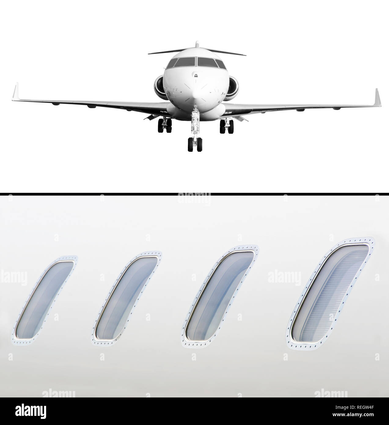 Sammlung von zwei Fotos von privaten Jets isoliert auf Weiss und Detail der vier Fenster von airplace Stockfoto