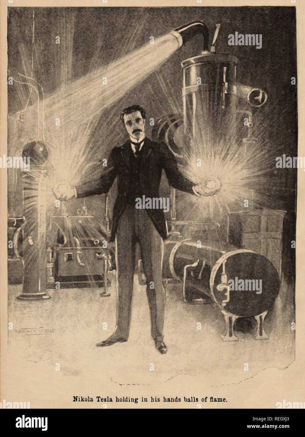 Nikola Tesla hält Flammenbälle Stockfoto