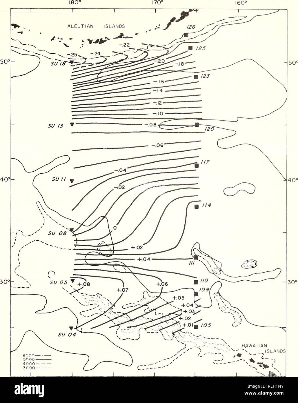 . Gesammelte Reprints, Essa Institut für Ozeanographie. Ozeanographie Zeitschriften.. 180' = 170° 160° Bild 43. - Topographie in dynamischen m, 500-m-Ebene angepasst Windkraftanlagen geostrophische Transport, Ekman Divergenz con-überprüft. Mai 1963. Luftwiderstandsbeiwert 0.0026; betont von Mittlere monatliche Belastungen. Bitte beachten Sie, dass diese Bilder sind von der gescannten Seite Bilder, die digital für die Lesbarkeit verbessert haben mögen - Färbung und Aussehen dieser Abbildungen können nicht perfekt dem Original ähneln. extrahiert. Institut für Ozeanographie; Atlantic Oceanographic Labors (U. S.); P Stockfoto