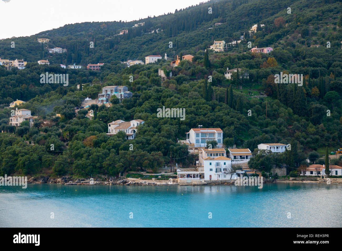 Europa Griechenland Korfu die Durrell Familie weiße Haus in Kalami Bay Die ursprüngliche Heimat der Durrells jetzt ein Restaurant und Inn Stockfoto