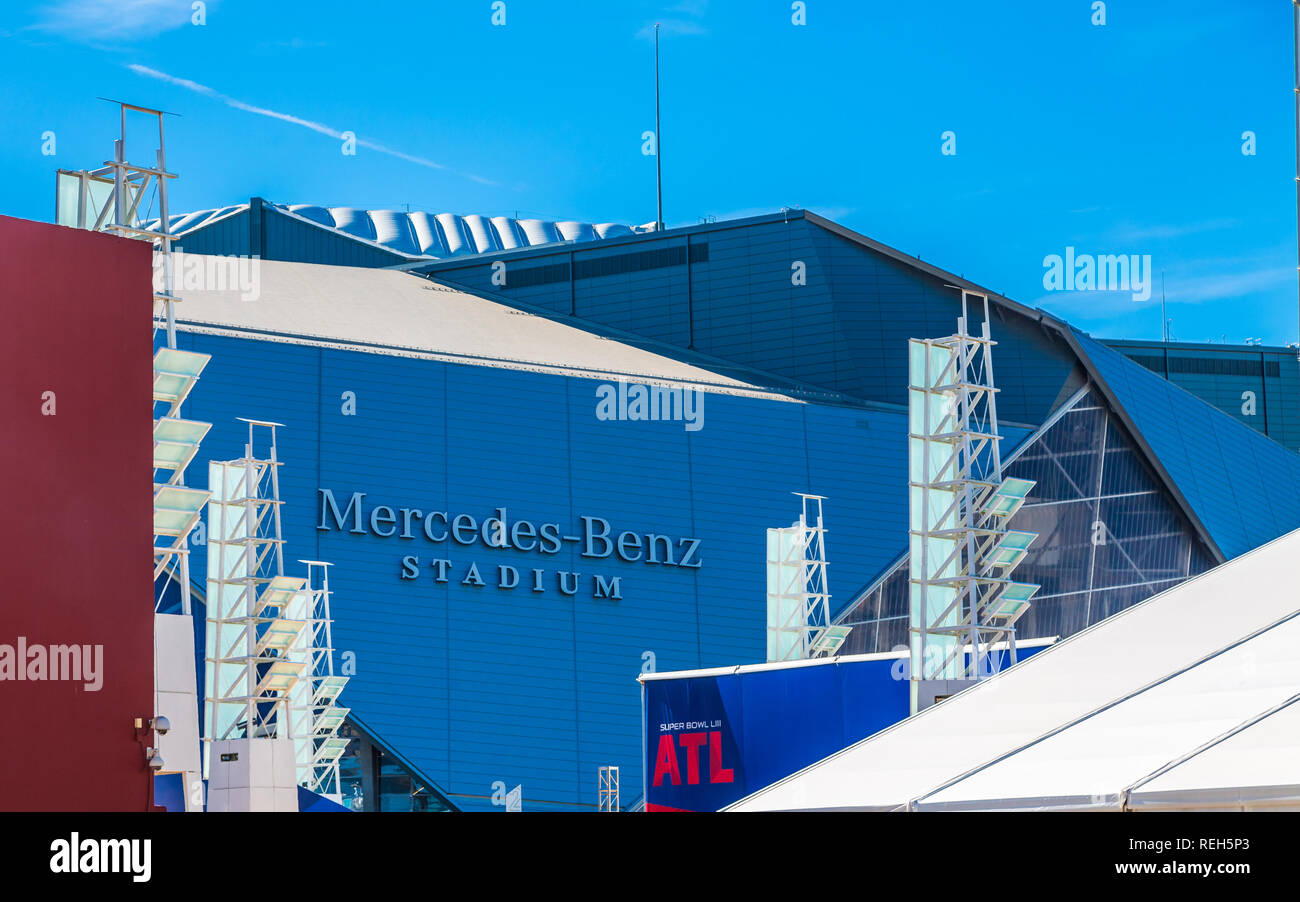 ATLANTA, Georgia - Januar 21, 2019: Superbowl LIII wird in Atlanta von Mercedes-Benz Stadion am Sonntag gespielt werden, 3. Februar 2019 gegen die neue Engl Stockfoto