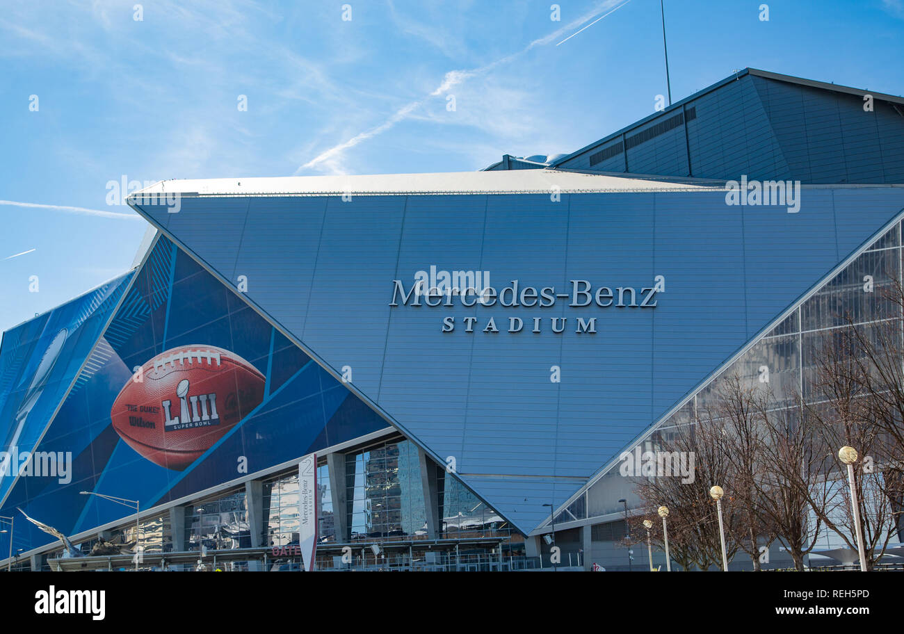 ATLANTA, Georgia - Januar 21, 2019: Superbowl LIII wird in Atlanta von Mercedes-Benz Stadion am Sonntag gespielt werden, 3. Februar 2019 gegen die neue Engl Stockfoto