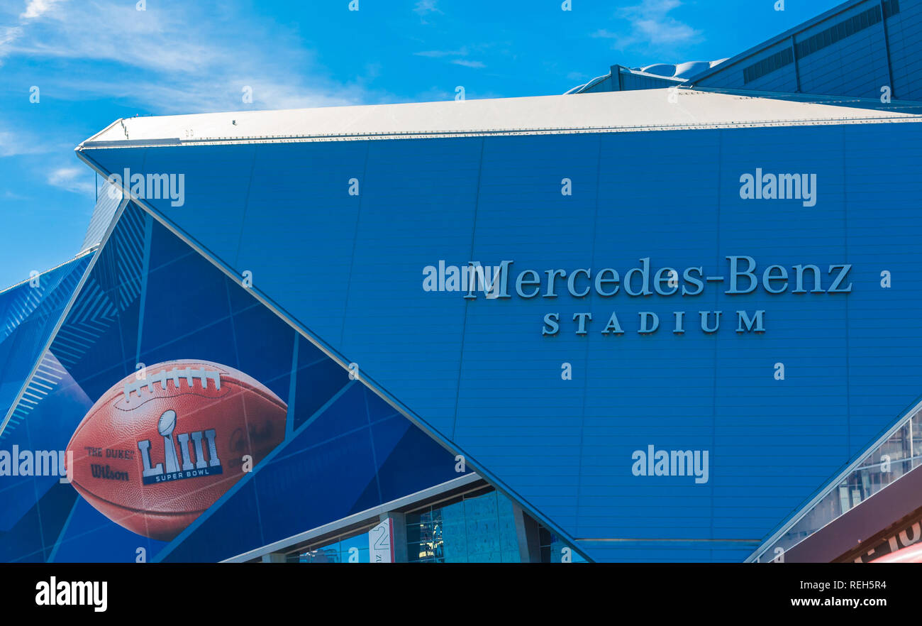 ATLANTA, Georgia - Januar 21, 2019: Superbowl LIII wird in Atlanta von Mercedes-Benz Stadion am Sonntag gespielt werden, 3. Februar 2019 gegen die neue Engl Stockfoto