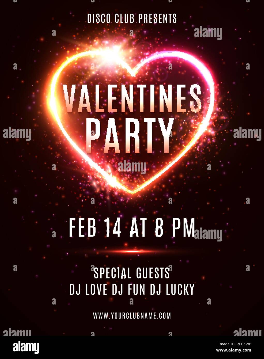 Valentines Day Party Flyer oder Poster Design Template auf dunklen roten Hintergrund. Beleuchtete glühende Herz Hintergrund mit Licht explosion Partikel Sterne. Elektrische led Leuchtreklame. Helle Vector Illustration Stock Vektor