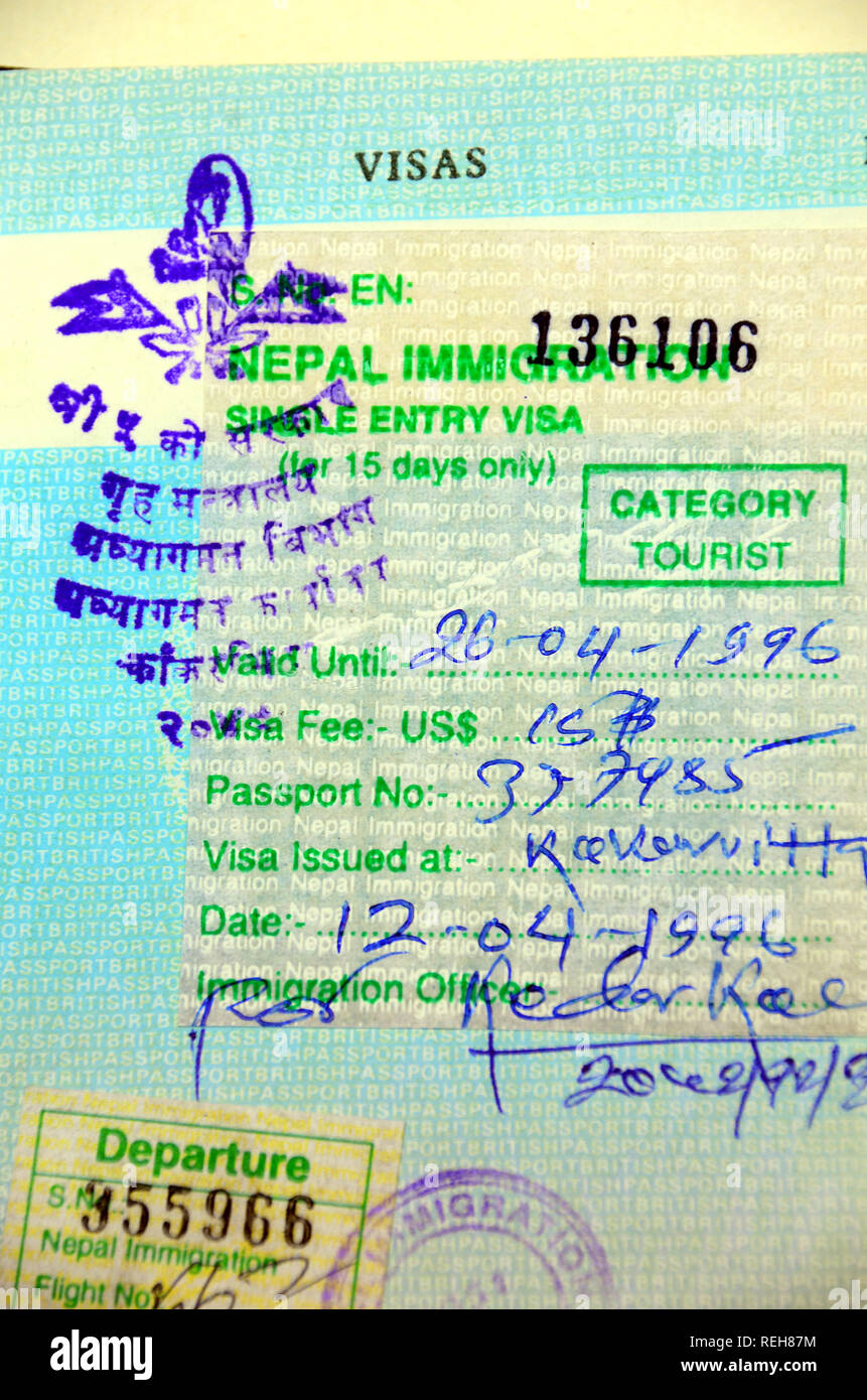 Reisepass mit Nepal immigration Single Entry Visa für Touristen eingestanzt Stockfoto