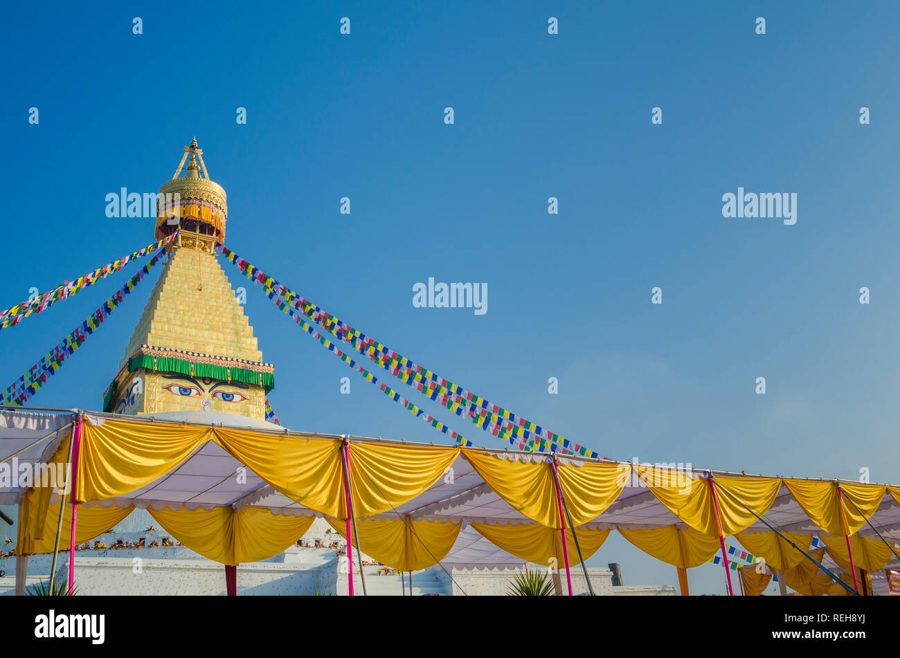 Der Goldspire von Bodhnath Stupa, Kathmandu, Nepal Stockfoto