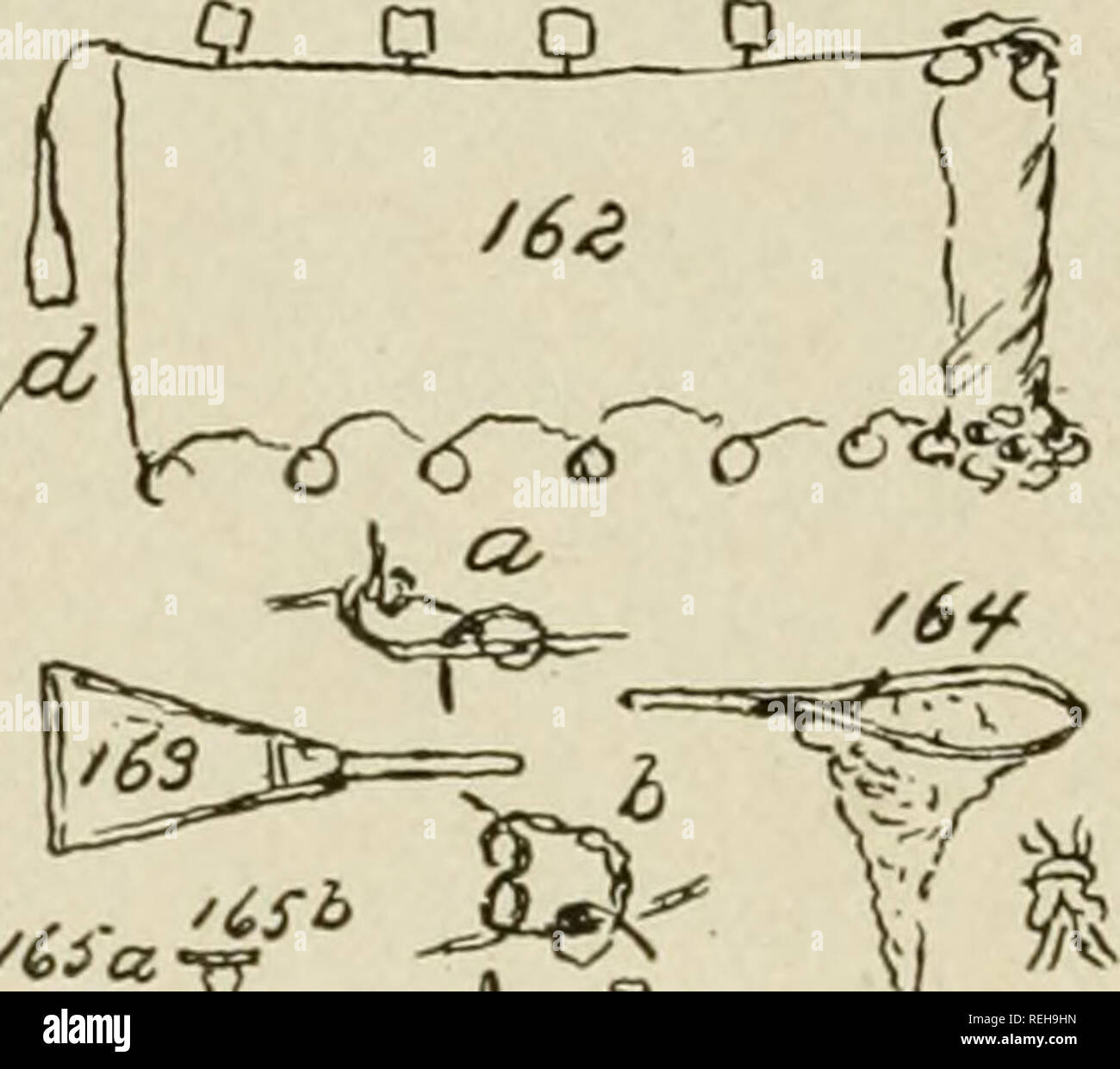 . Der Küste Indianer des südlichen Alaska und im nördlichen British Columbia. Indianer Nordamerikas; Indianer Nordamerikas. Erläuterung DER PLATTE XXXII a Q  Q ^. m Ziehen und Dip-Netze; Paddel; Details Netting und Korbflechten. Abb. 162. Dra (}-net oder Seine. Von twisted Thread von Cedar gewebt, Rinde Faser, mit roping des gleichen Materials. Die Details der Knoten sind in Bild 1 dargestellt. Uns' Lct. Der hölzerne Schwimmer (I ist am Ende der Drag-Linie. Die aus Holz schwimmt auf dem Kopf des Net sind flache Stücke w^ood in einem Abstand von ca. 8 Meter auseinander. Die Platinen am Fuße sind schwarz Kiesel oder Steinen festgezurrt in einem Circus Stockfoto