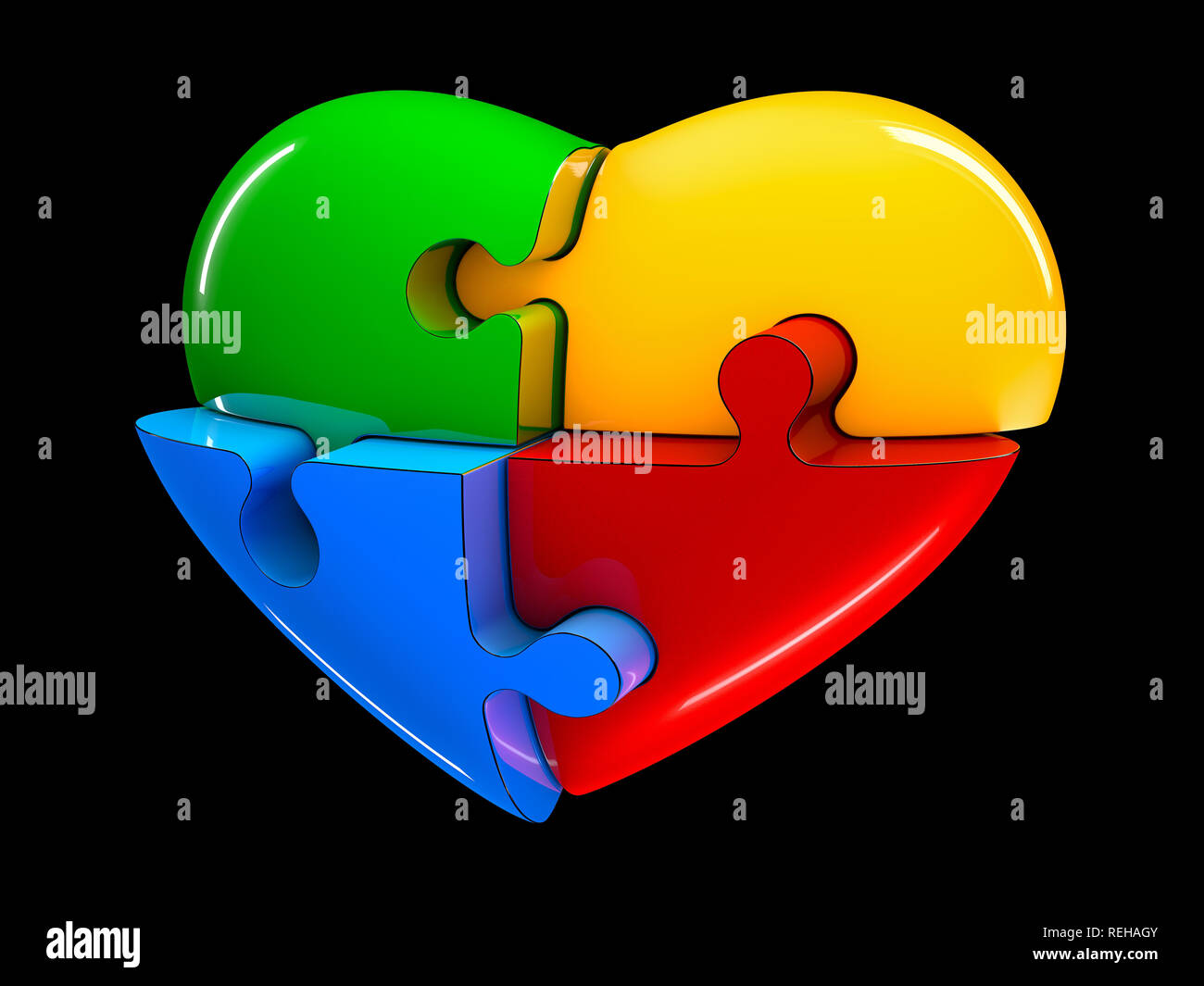 4 Teil puzzle Herz Diagramm Abbildung auf schwarzen Hintergrund isoliert. Stockfoto