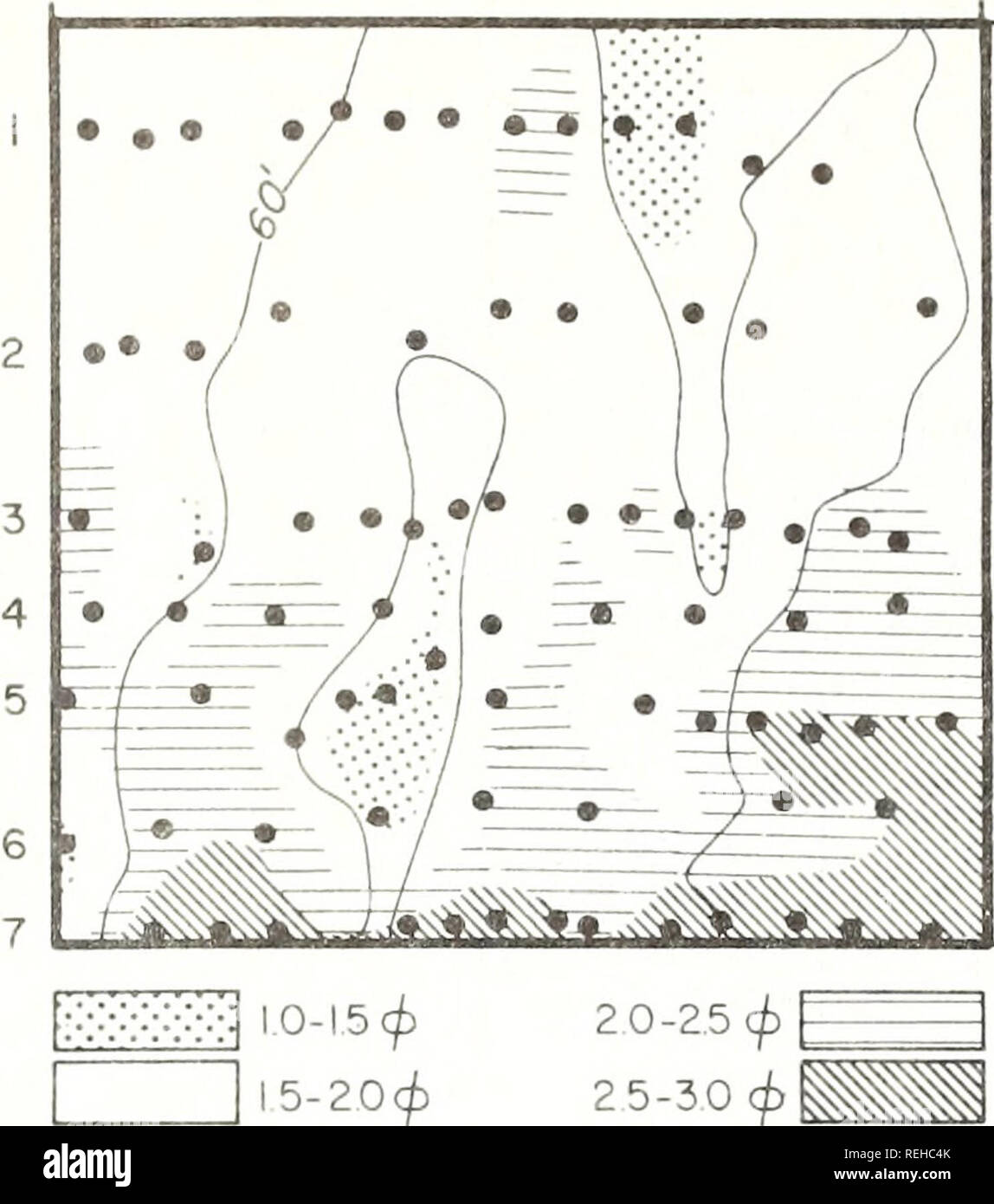 . Gesammelte reprints/Atlantic ozeanographische und meteorologische Laboratorien [und] Pacific ozeanographische Laboratories. Ozeanographie Zeitschriften.. 1460 D.J. S. SWIFT, Etal. 75°40'. 75° 34 36° 40' Bild. • 36° 35' l 5-20&lt;^7.- Verteilung der mittleren Durchmesser in die "Z"-ridge Sektor. Siehe Abb. 6 Für die Lage. Zahlen am linken Rand sind Transekt zahlen. Cally erstreckt sich der Landwärtigen Flanken (Abbn. 10, 11). Tauchgänge zeigen, dass in Trog Achsen diese groben Patches werden in Zentimetern Dezi- Meter dick und sind unterlegt von einem steifen Ton Oberfläche. Tauchgänge zeigen auch, dass während der Stockfoto