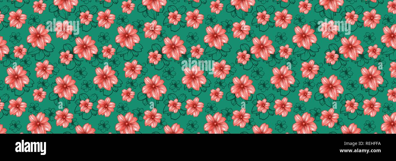 Große horizontale Website header Design oder Tapeten druckbare Vorlage mit japanischen Sakura rosa Blüten auf dem Grün oder Türkis Hintergrund. Vector Illustration Stock Vektor