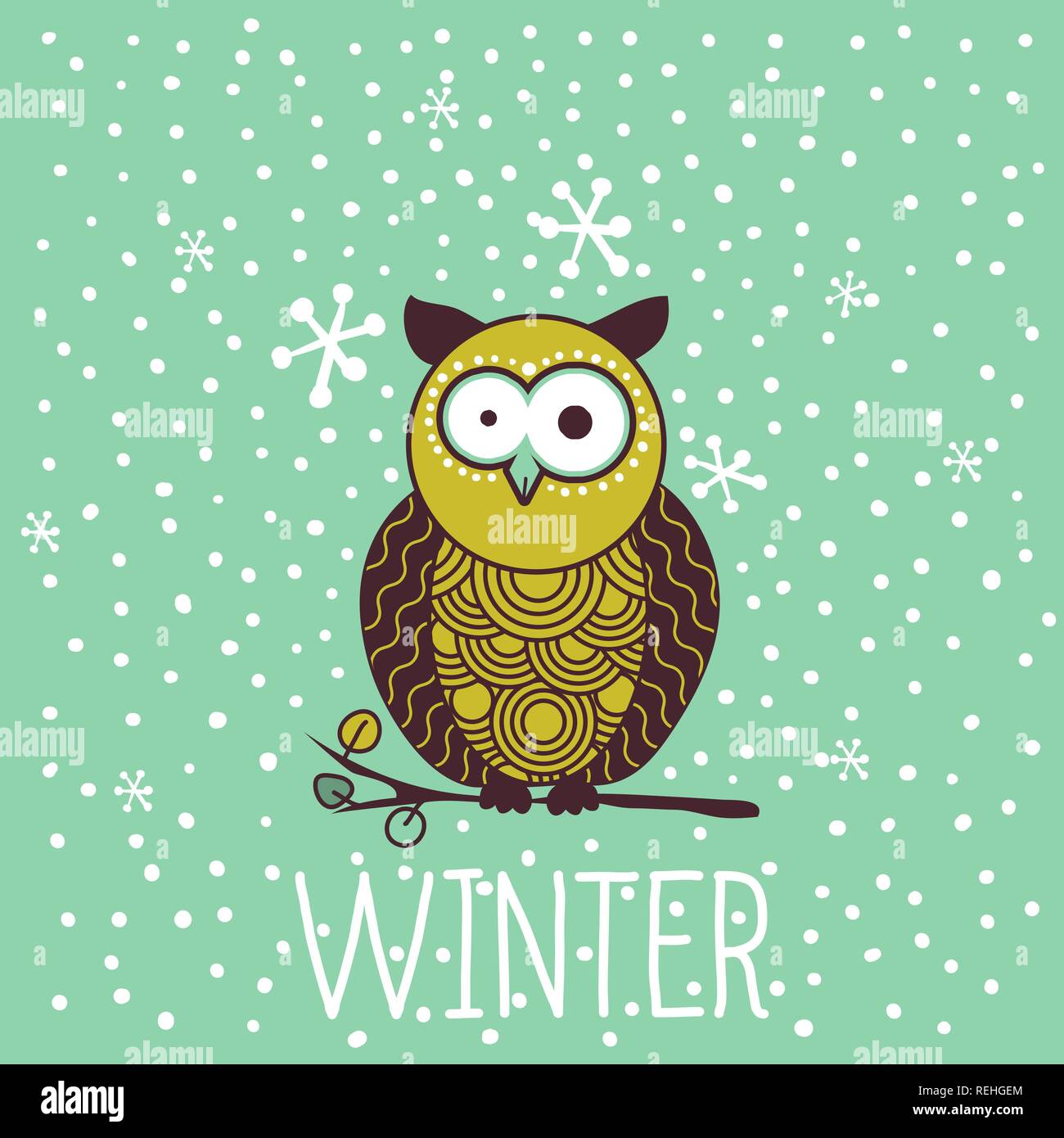 Cute schockiert cartoon Eule im Winter. Schneefall und Schneeflocken. Postkarte oder Poster oder Grußkarte Design für den Urlaub. Vector Illustration Stock Vektor