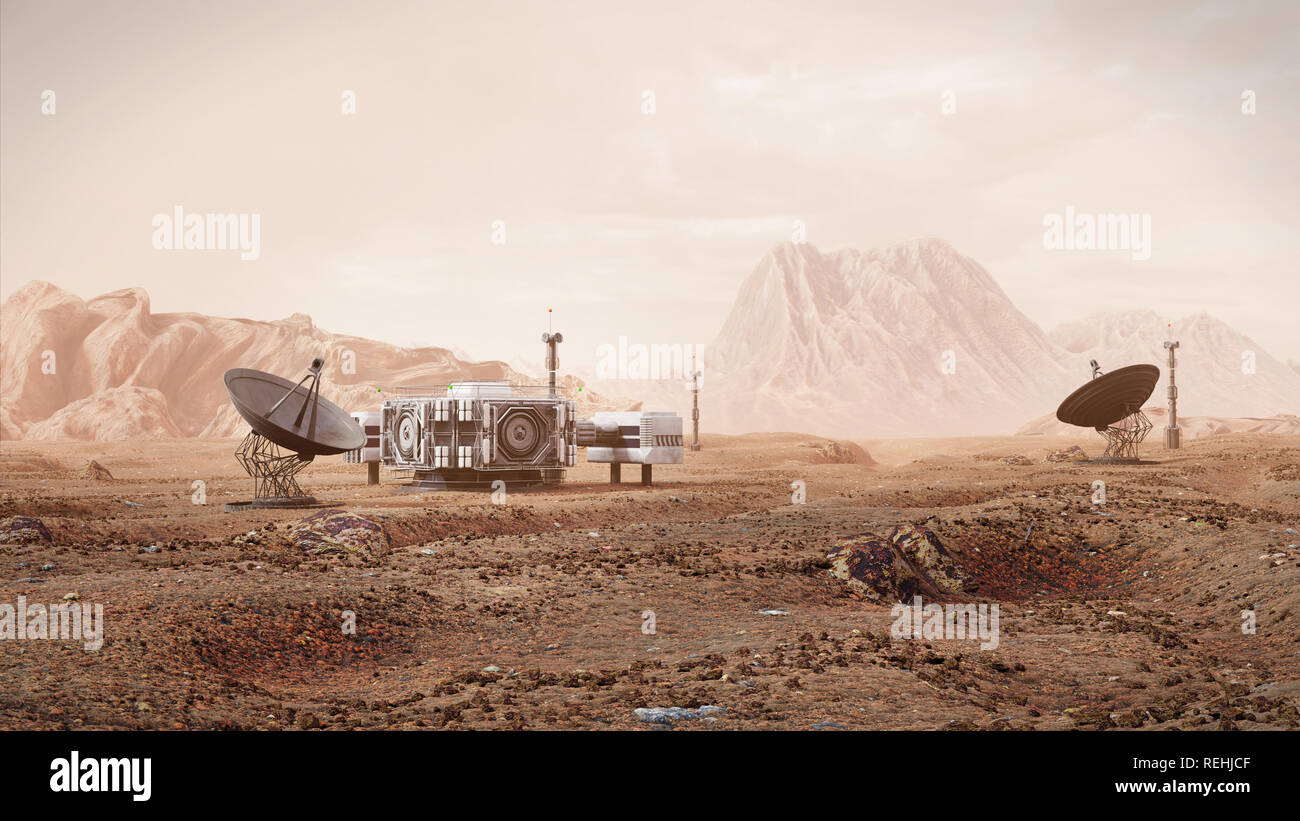 Basis auf dem Mars, erste Kolonisation, Mars Kolonie in Wüste Landschaft auf dem Roten Planeten Stockfoto