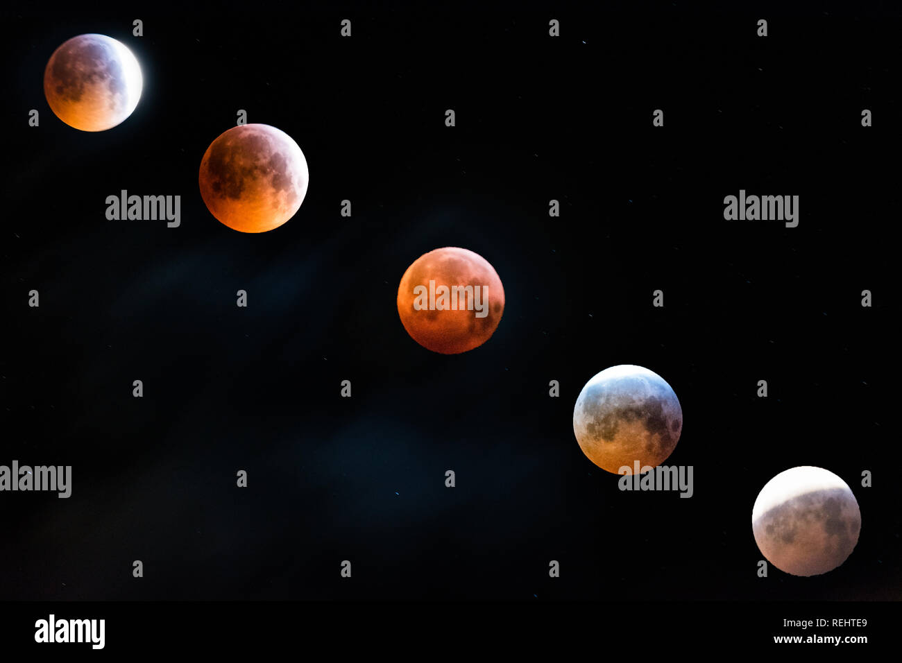 Fünf Phasen Der thesuper Blut Wolf moon Eclipse. Stockfoto