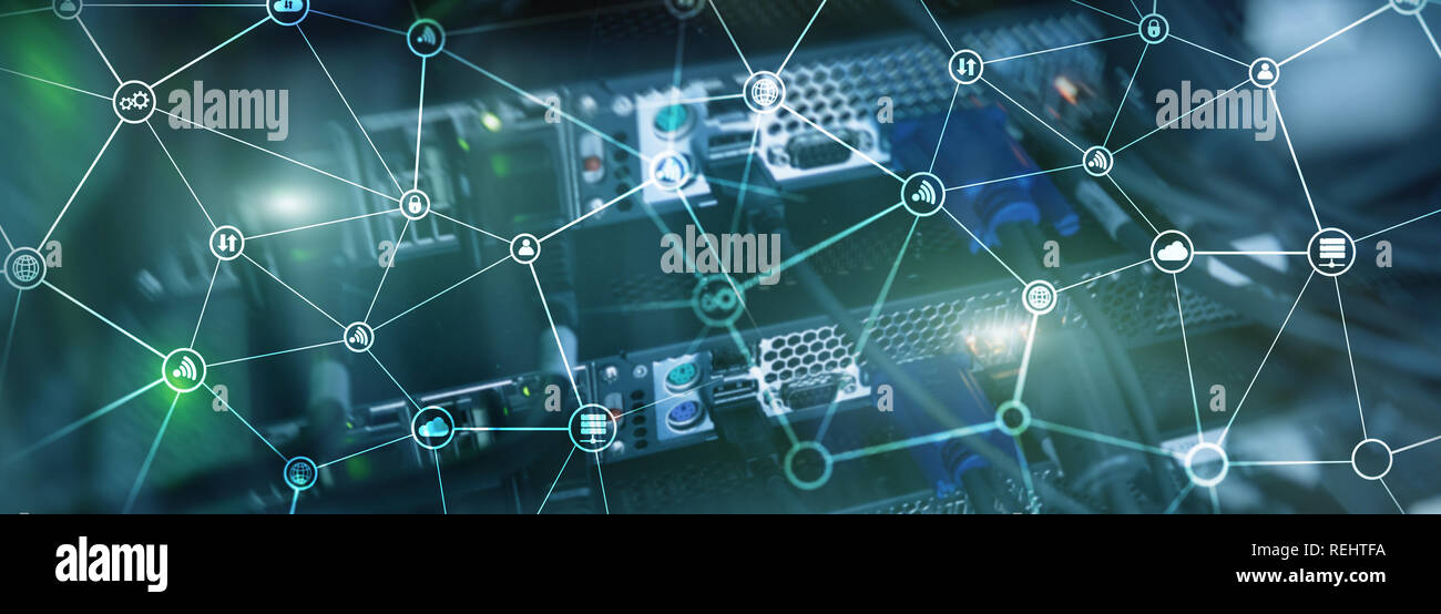 Tk-Konzept mit abstrakten Netzwerkstruktur und Serverraum Hintergrund. Stockfoto