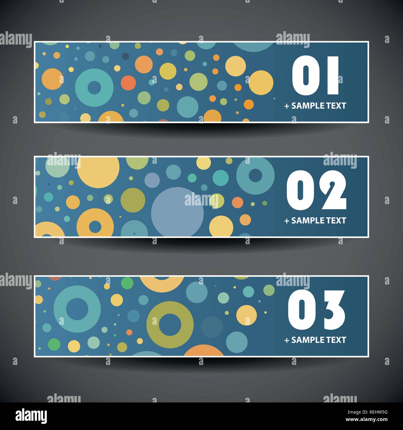 Bunte Reihe von drei Header Designs mit Punkten und Kreisen - Abbildung in frei skalierbar und bearbeitbaren Vektorformat Stock Vektor