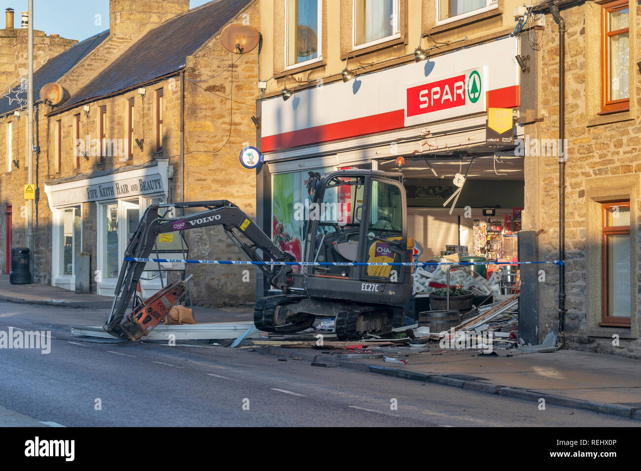 Duncan Elrick erschien an Elgin Sheriff Court der heutigen Ram raid an einem Geldautomaten in der die Spar-Store auf Keith's Regent Street, Moray, Schottland. Stockfoto