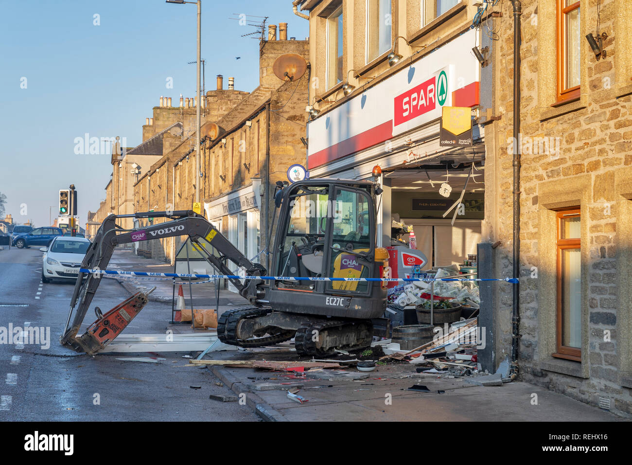 Duncan Elrick erschien an Elgin Sheriff Court der heutigen Ram raid an einem Geldautomaten in der die Spar-Store auf Keith's Regent Street, Moray, Schottland. Stockfoto