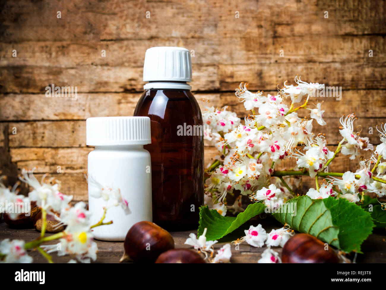 Chestnut Tinktur in eine Flasche und blühen Blumen Stockfoto