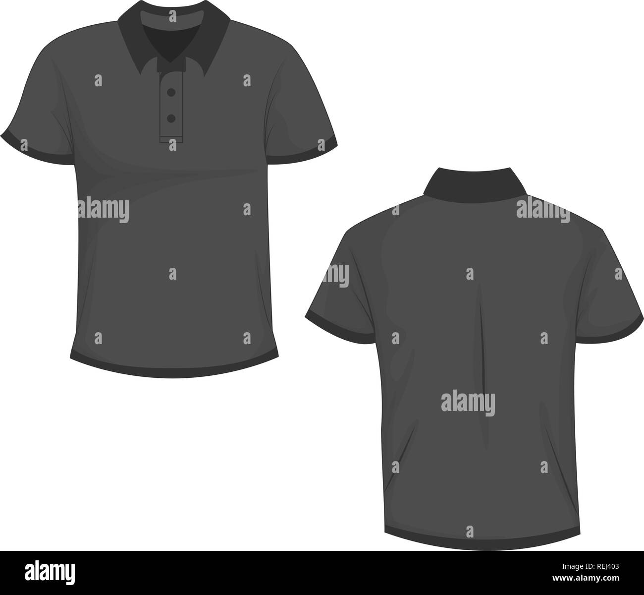 Schwarz/Dunkelgrau Polo t-shirt Mock up, Vorder- und Rückansicht, auf weißem Hintergrund. Design Poloshirt, Vorlage und Modellerstellung für Drucken. Vektor il Stock Vektor