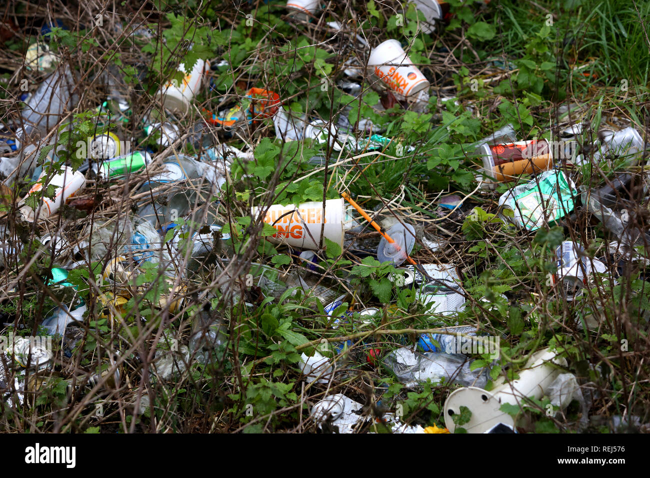 Allgemeine Ansicht, und Burger King Single Use trinken Karton zusammen mit anderen Abfällen und Müll am Flussufer in Chichester, West Sussex, UK. Stockfoto