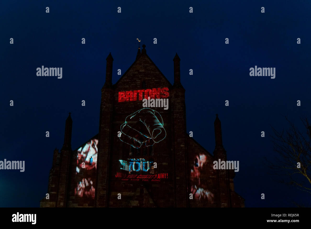 St Magnus Kathedrale, Kirkwall, Orkney Inseln, Schottland, UK, 6. November 2018. Kurzfilm auf Kathedrale Wände Kennzeichnung 100 WW 1. Stockfoto