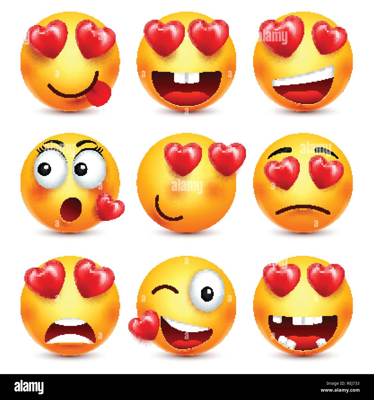 Smileys Emoji mit roten Herzen Vector eingestellt. Valentines Tag gelb cartoon Emoticons Gesicht. Liebe Gefühl Ausdruck. Stock Vektor