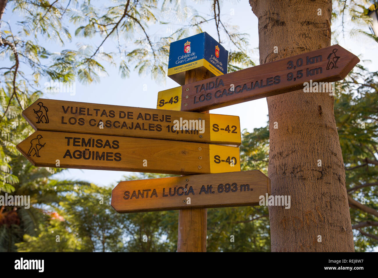 Santa Lucia, Gran Canaria, Spanien - 25. Dezember 2017. Wanderweg signe im Dorf Santa Lucia auf Gran Canaria Stockfoto