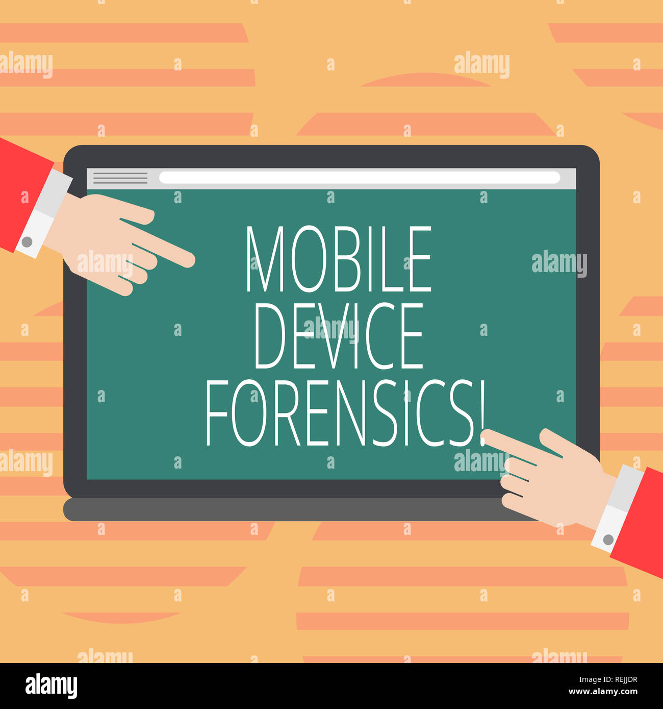 Wort schreiben Text Mobile Device Forensics. Business Konzept für elektronische Datenerfassung für rechtliche Hinweise Verwendung Hu Analyse Hände von beiden Seiten Poi Stockfoto