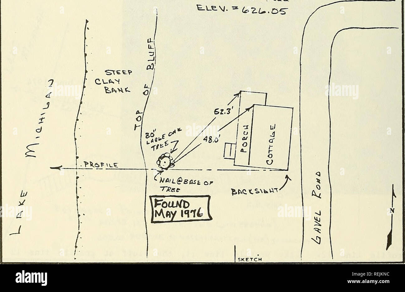 . Küstenveränderungen, östlichen Lake Michigan, 1970-1974. Küste ändert. Diese Website wird von der Blue Star Highway nach Glen 23.38.39, dann - West bei 111. st., und zum West End iirrtil der Straße std. ng3 erreicht zu Th9 Süd. Der Bezugspunkt ist ein Nagel w/rot Tuch in die Basisstation (Südseite) einer großen Eiche hinter dem zweiten Haus nach der Straße nach Süden abbiegt, V, "^angetrieben. DA,: cr " 1959: ^ BESCHREIBUNG ODER DIE WIEDERHERSTELLUNG VON HORIZONTALEN CONTROL STATION fTM I-23 TJ. Bitte beachten Sie, dass diese Bilder aus gescannten Seite Bilder, die digital für die Lesbarkeit erhöht worden sein können extrahiert werden - coloratio Stockfoto