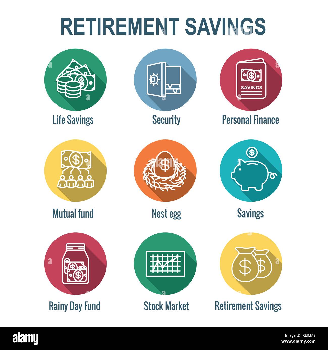 Vorsorge & Sparen Icon Set - Investmentfonds, Roth IRA, etc. Stock Vektor