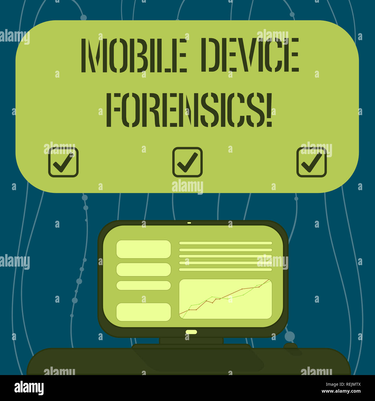 Text Zeichen zeigen Mobile Device Forensics. Konzeptionelle Foto elektronische Datenerfassung für juristische Beweise verwendet werden. Bildschirm mit Line Graph-O Stockfoto