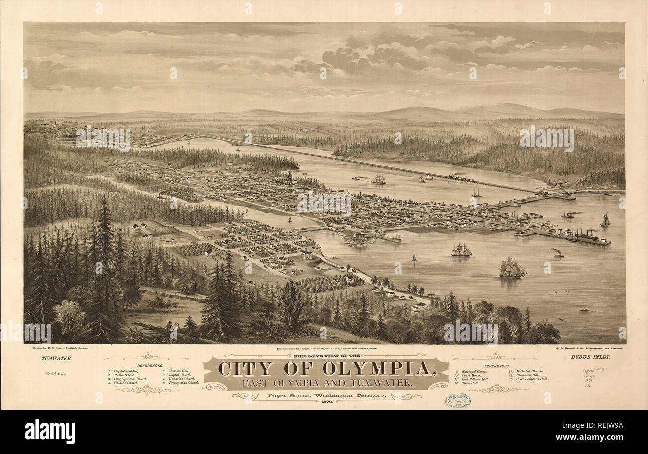 Aus der Vogelperspektive die Stadt Olympia, Olympia und Turnwater, Puget Sound, Washington Gegend, 1879 Stockfoto