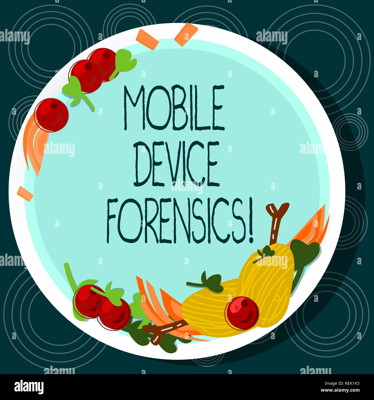 Wort schreiben Text Mobile Device Forensics. Business Konzept für elektronische Datenerfassung für rechtliche Nachweis mit Hand gezeichnet Lammkoteletts Kraut Gewürz Cher Stockfoto