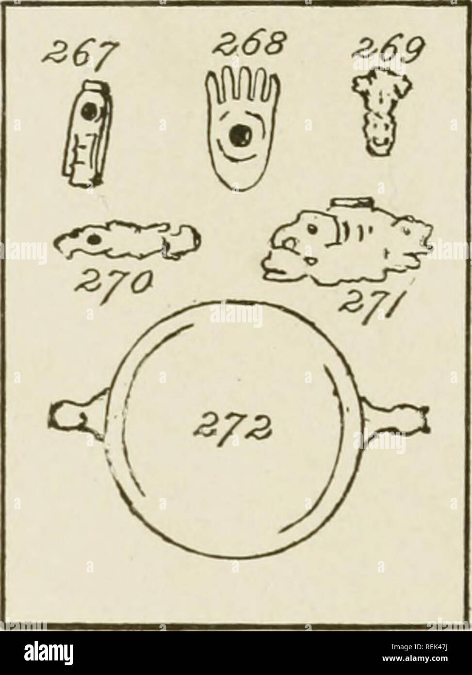 . Der Küste Indianer des südlichen Alaska und im nördlichen British Columbia. Indianer Nordamerikas; Indianer Nordamerikas. Erläuterung der Platte, XLVIII. Leitungen von der Nordwestküste. Haida Schiefer Teller. Abb. 267. Tabakpfeife. Aus Holz; in Form von Dragon iiy geschnitzt. Schüssel, eine Cylin-der des Kupfers. Kat. Nr. 72426, US N. M. Tlingit, Sitka. Von John J. McLean gesammelt. Abb. 268. Tabakpfeife. Aus Holz; in Form von bärentatze. Kat. Nr. 9270, US N. M. Tlingit. Sitka. Von Dr. A. H. Hoflf, US Armee gesammelt. Abb. 269. Tabakpfeife. Der geweih; in der Form des indischen Arzt. Kat. Nr. 67882. Us N. M. Stockfoto
