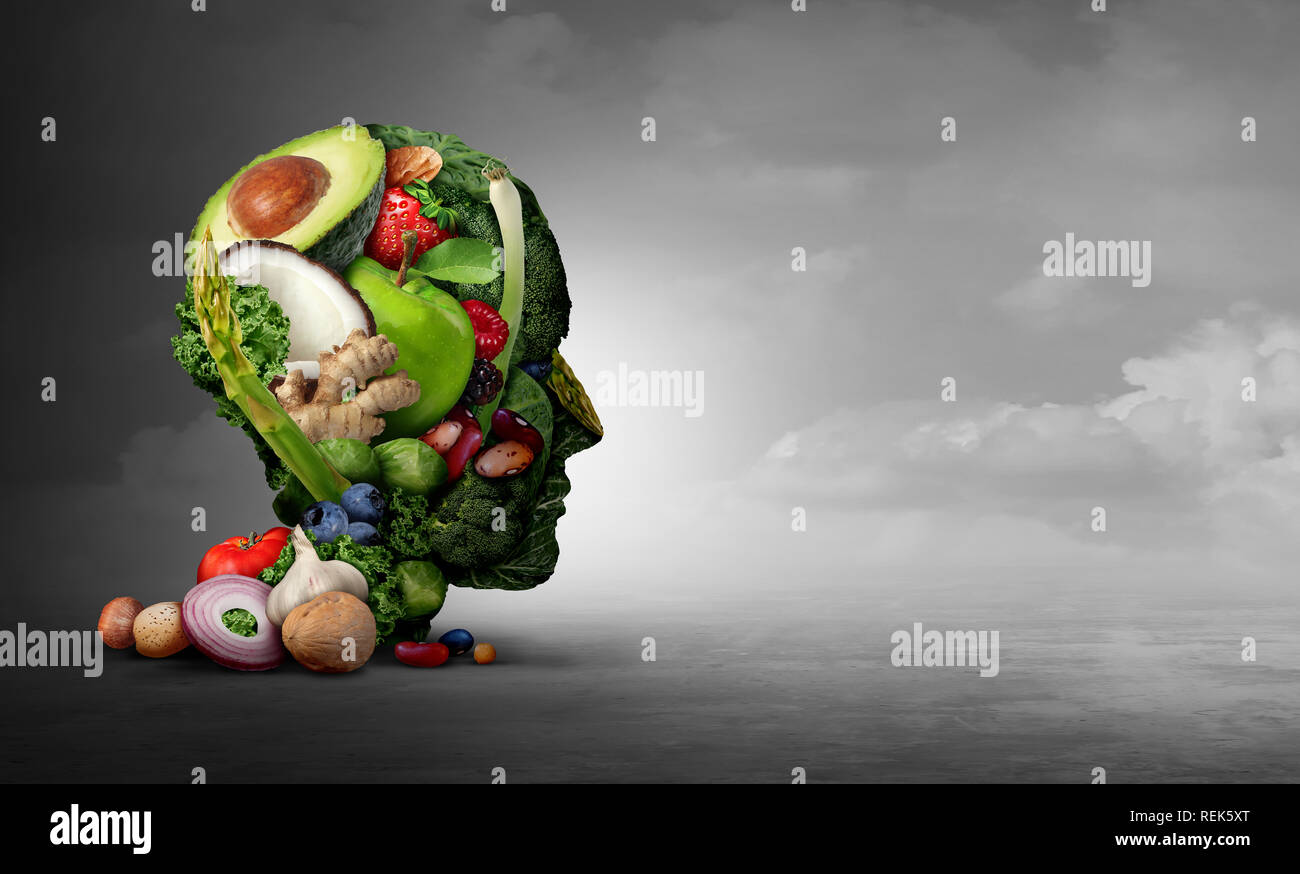 Vegan und vegetarisch Psychologie Konzept mit einer Gruppe von Obst Nüsse Bohnen und Gemüse als Essen Lifestyle und denken, gesunde Ernährung. Stockfoto