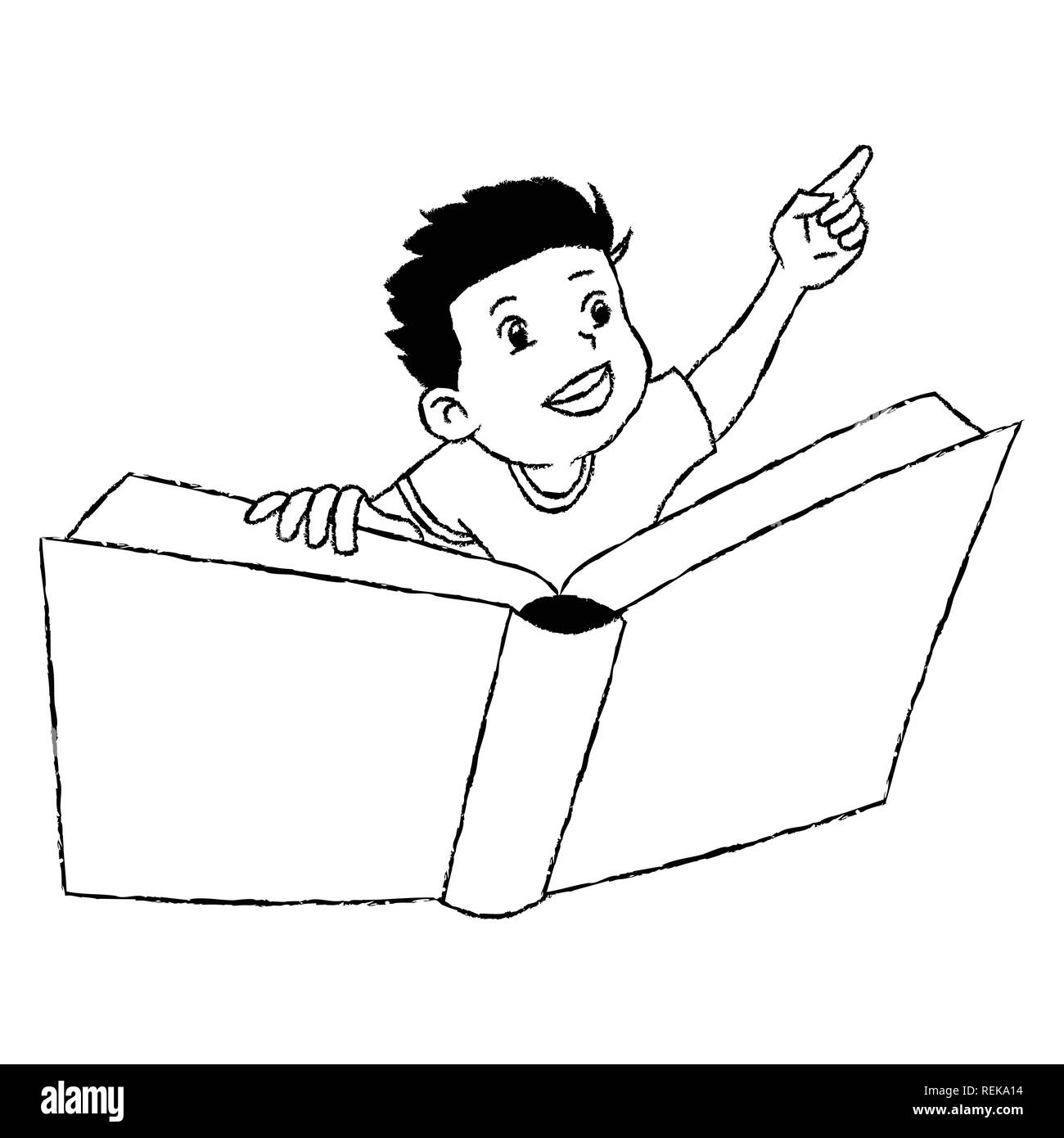 Junge auf fliegende Buch. auf weißem Hintergrund, Hand gezeichnet Cartoon Stil für Malbuch. Vector Illustration Stock Vektor