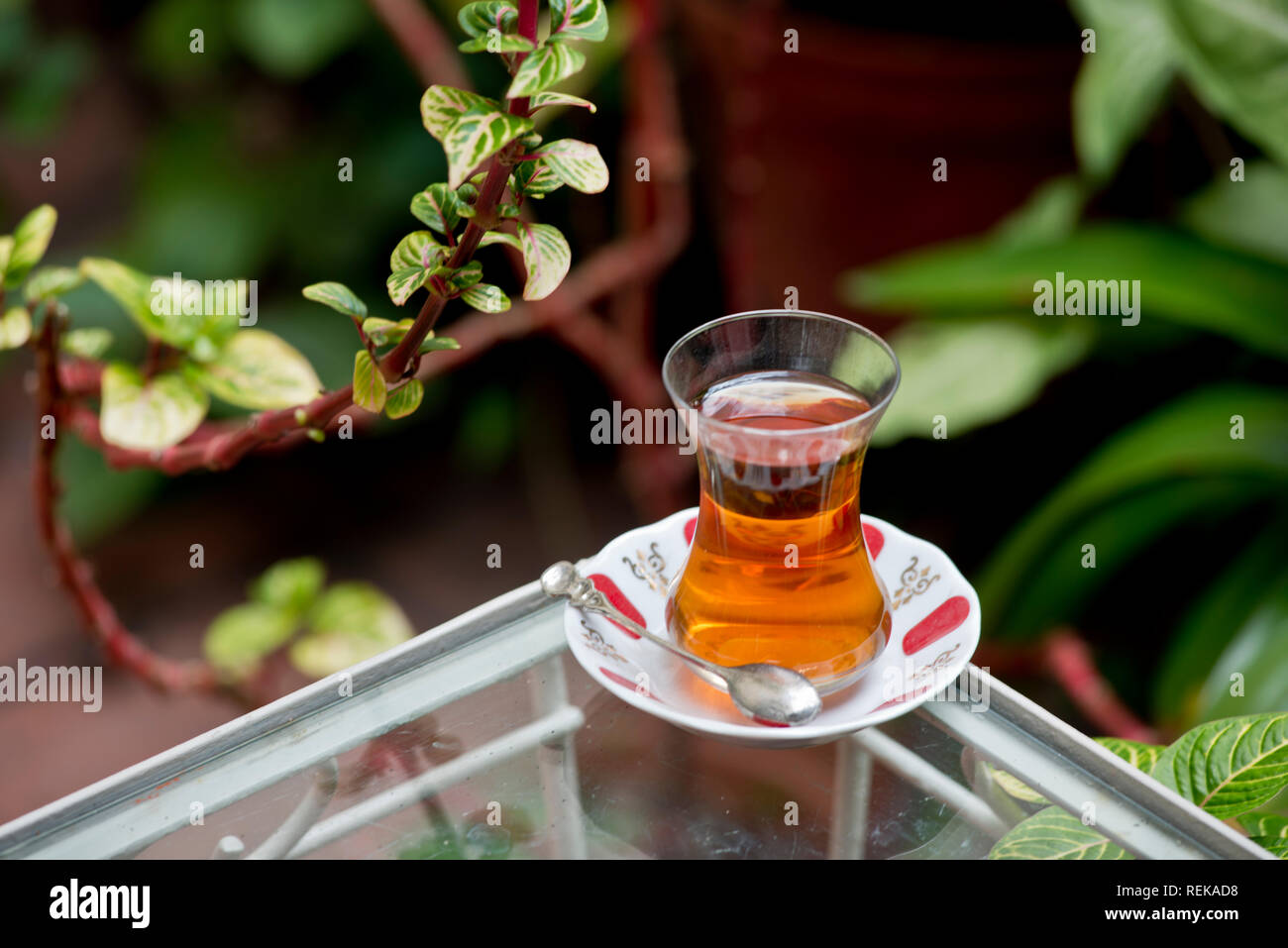 Türkischer Tee serviert auf einem Glastisch Stockfoto