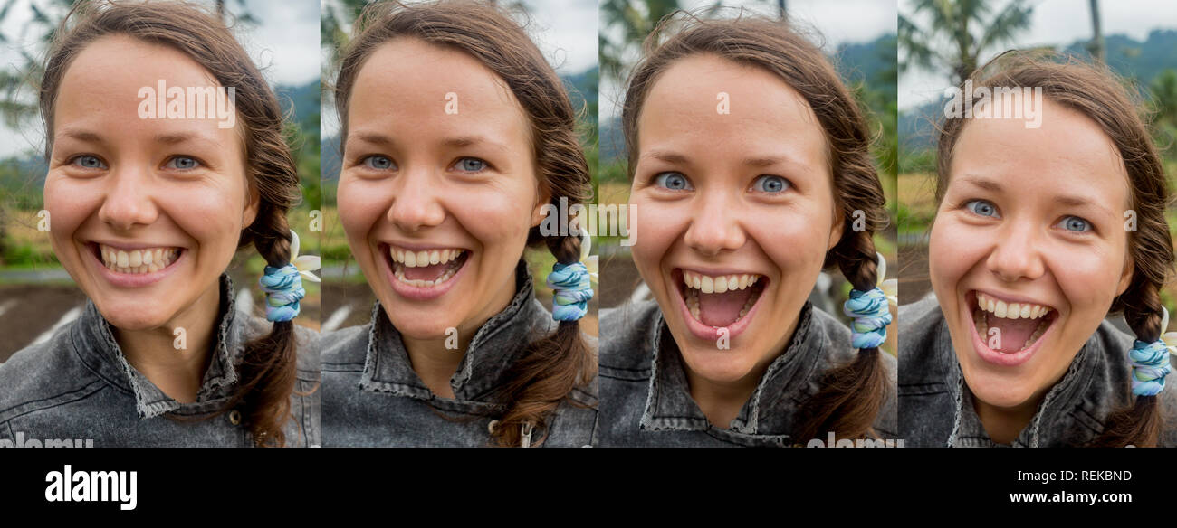 Eine Collage aus 4 Fotos. verschiedene Stufen des Lachens Stockfoto