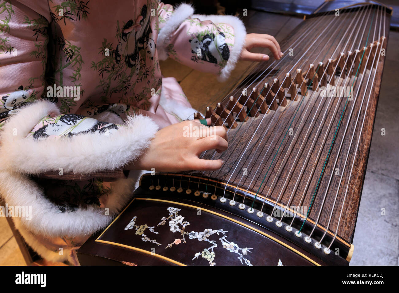 Nahaufnahme von Händen einer chinesischen Frau spielen eine Zither, einem traditionellen chinesischen Musikinstrument Stockfoto