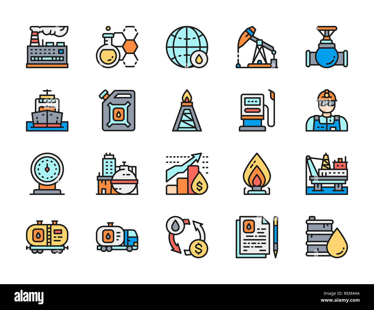 Satz von Öl und Benzin Industrie flachbild Color Line Symbole. Tanklaster, Erdöl wagen, Pumpstation, Gasherd, Fabrik, chemischen Anlagen, Stockfoto
