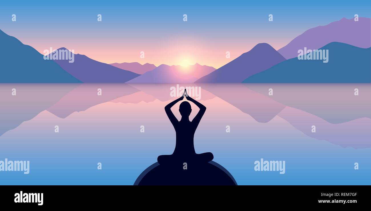 Person in der Meditation Pose auf einem ruhigen Meer mit einem wunderschönen Blick auf die Berge bei Sonnenaufgang Vektor-illustration EPS 10. Stock Vektor