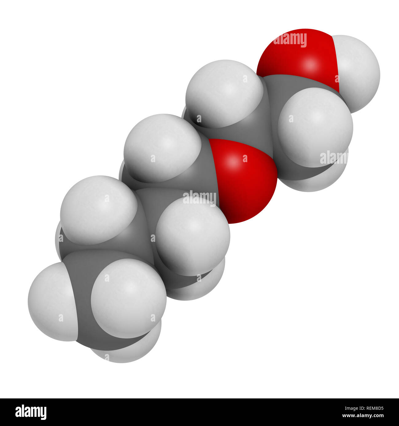 2-Butoxy-ethanol Lösungsmittel und Tenside Molekül. 3D-Rendering. Atome sind als Kugeln mit konventionellen Farbcodierung: Wasserstoff (weiß), carb vertreten Stockfoto